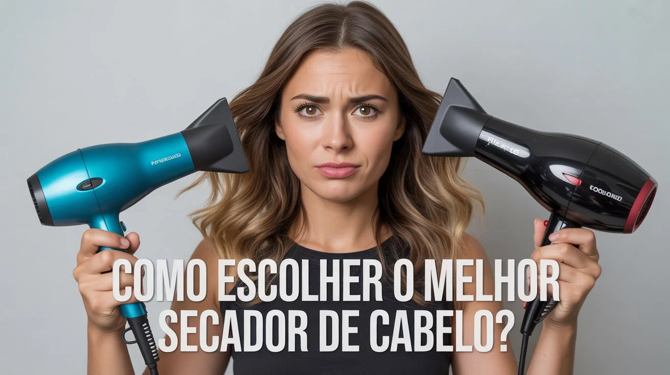 Mulher segurando dois secadores de cabelo, um em cada mão, com expressão de dúvida sobre qual escolher
