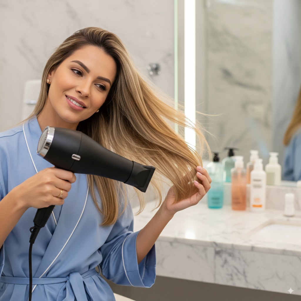 Mulher usando secador de cabelo profissional