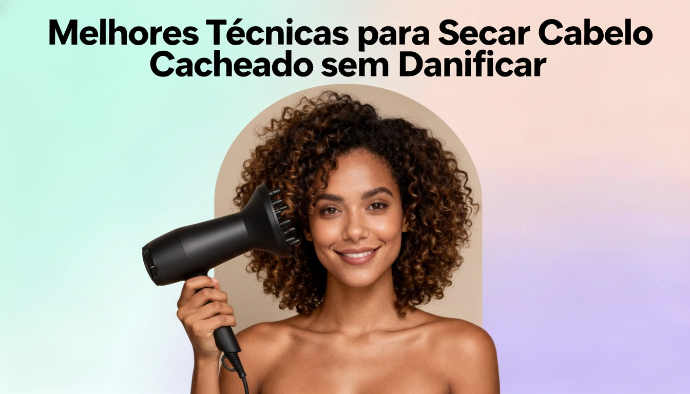 Mulher com cabelos cacheados segurando um secador de cabelo preto