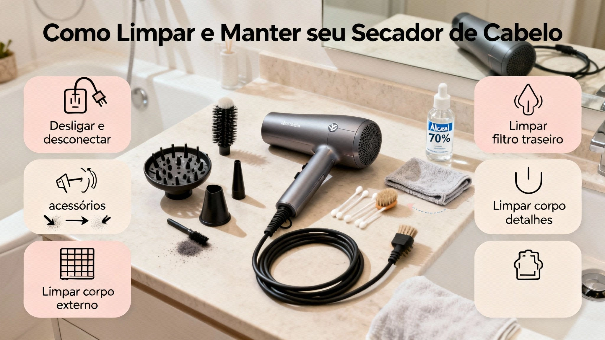 Secador de cabelo com dicas de como limpar e manter
