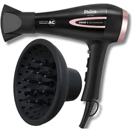 Secador Philco profissional 2100W com difusor grande, bico direcionador e tecnologia íon para secagem e definição dos cabelos.
