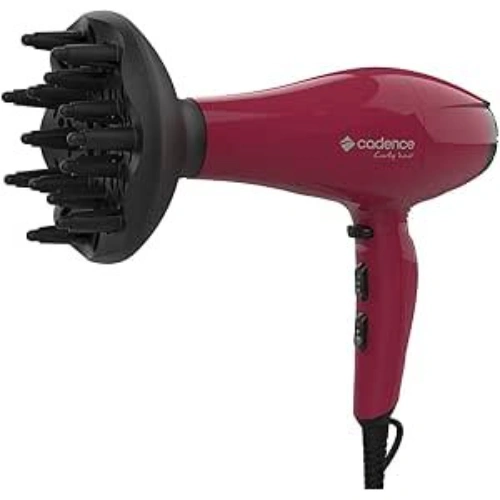 Secador Cadence Curly Hair vermelho com difusor e bico direcionador.