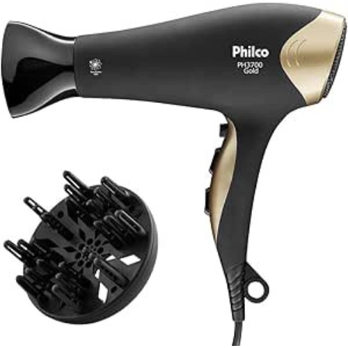 Secador Philco PH3700 Gold Tourmaline preto e dourado com difusor e bocal concentrador.