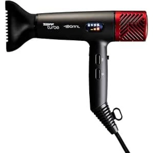 Secador Taiff Turbe Digital 2400W preto e vermelho com bico direcionador.
