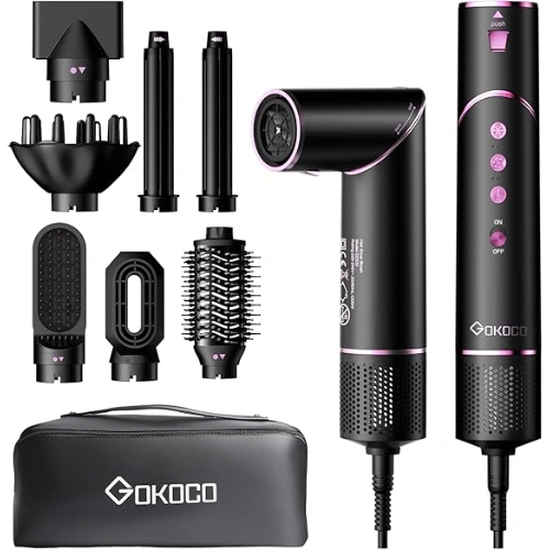 Secador modelador Gokoco 7 em 1 cor palha com acessórios para secar, alisar, cachear e dar volume aos cabelos.