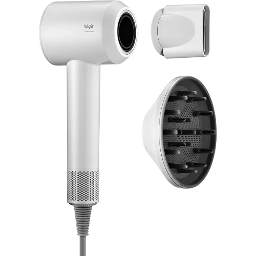 Secador Elgin Super Ionic Plus branco com difusor, design moderno e motor BLDC.