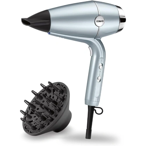 Secador de cabelo Conair Hydro-Fusion prateado, 127V, com difusor e concentrador de ar, design compacto e proposta de secagem rápida com tecnologia Advanced Plasma.