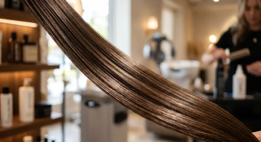 Foto macro em close-up de fios de cabelo, mostrando uma textura lisa, brilhante e sem frizz. Fundo com efeito bokeh suave de um salão de cabeleireiro profissional. Conceito de cuidados capilares profissionais de alta qualidade, com foco no selamento da cutícula e na saúde do cabelo.