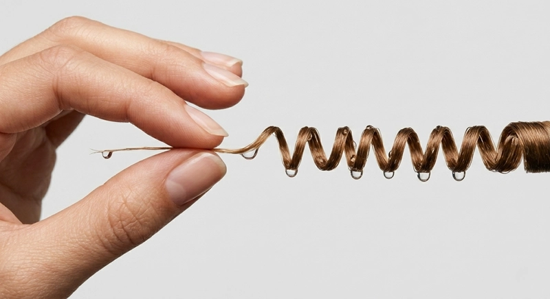 Foto em macro e close-up extremo de uma mão feminina segurando um único fio de cabelo úmido contra um fundo cinza claro. A água evapora do fio, revelando gotículas em foco nítido enquanto o cabelo seca e assume naturalmente o formato de cacho em S.