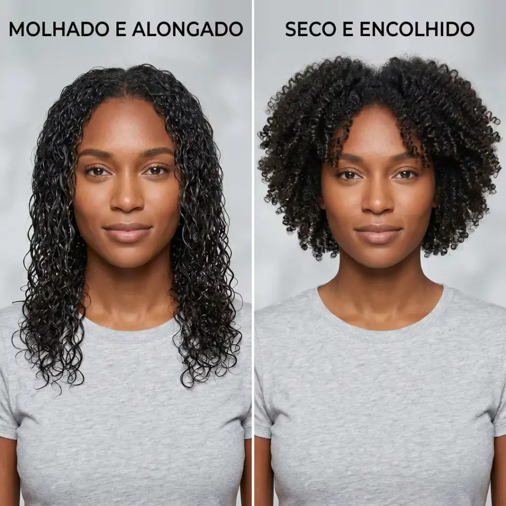 Foto comparativa lado a lado mostrando o efeito encolhimento em uma mulher de cabelo cacheado 3C; do lado esquerdo o cabelo está molhado e esticado até os ombros, e do lado direito está seco, volumoso e encolhido na altura das orelhas.