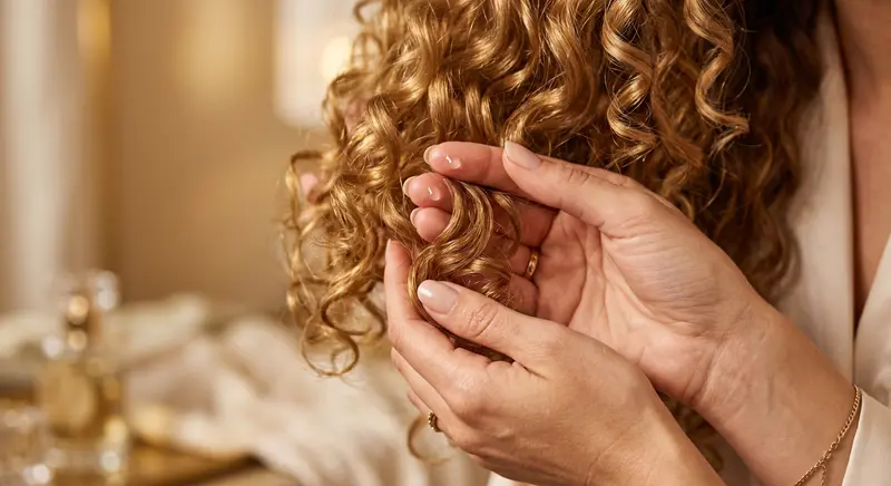 mulher segurando as pontas do cabelo mostrando a delicadeza e a técnica de amassar as pontas com óleo para retirar o aspecto rígido, valorizando a textura macia do cabelo finalizado