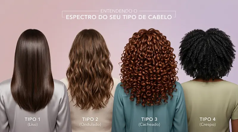 Ilustração infográfica de beleza sofisticada mostrando a nuca de quatro mulheres diferentes em fila, demonstrando a variedade de tipos de cabelo. Da esquerda para a direita: Mulher 1 com cabelo fino, perfeitamente liso e brilhante (Tipo 1). Mulher 2 com ondas soltas e com efeito praiano (Tipo 2). Mulher 3 com cachos volumosos e cheios de movimento (Tipo 3). Mulher 4 com cabelo afro denso e crespo em zigue-zague (Tipo 4).