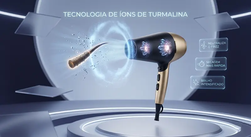 Imagem conceitual representando a “Tecnologia de Íons de Turmalina”. Um secador de cabelo elegante e moderno com uma aura de luz azul brilhante e sutil, simbolizando os íons negativos.