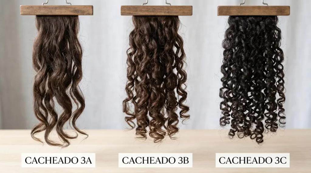Imagem comparativa de três mechas de cabelo penduradas, demonstrando as diferenças entre os tipos de curvatura cacheada: 3A, 3B e 3C.