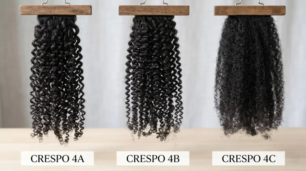 Imagem comparativa de três mechas de cabelo escuro penduradas, demonstrando as diferenças entre os tipos de curvatura crespa: 4A, 4B e 4C.