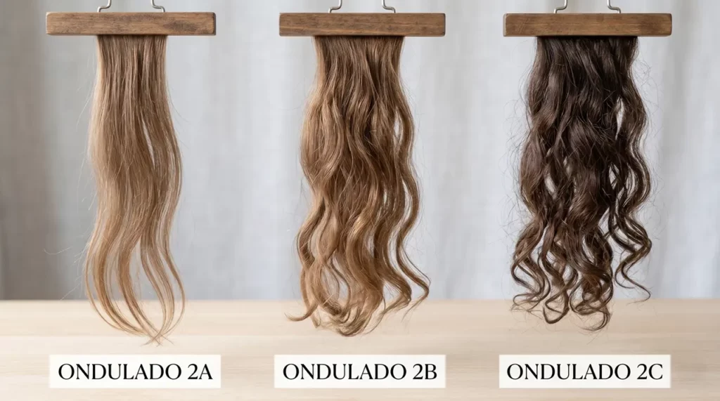 Imagem comparativa de três mechas de cabelo penduradas, demonstrando as diferenças entre os tipos de curvatura ondulada: 2A, 2B e 2C.