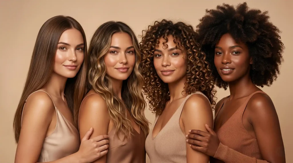 Fotografia editorial de beleza mostrando quatro mulheres lado a lado exibindo a diversidade de texturas capilares. Da esquerda para a direita, são representados os quatro tipos de cabelo: liso escorrido e brilhante (Tipo 1), ondulado com ondas naturais (Tipo 2), cacheado com espirais volumosas (Tipo 3) e crespo com um afro majestoso em formato de zigue-zague (Tipo 4).