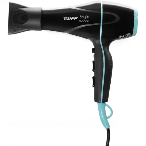Secador Taiff Style preto, compacto e leve, com 2000W, motor AC profissional e bico direcionador de ar.