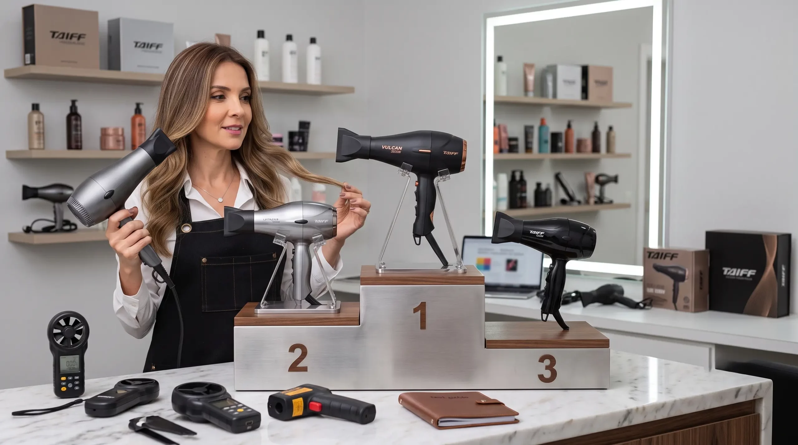 especialista ana carolina em seu studio de testes testando secadores de cabelo da marca taiff