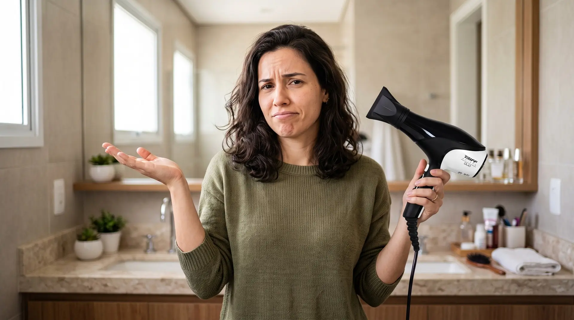 Mulher segurando o secador Taiff Unique Duo com expressão de dúvida
